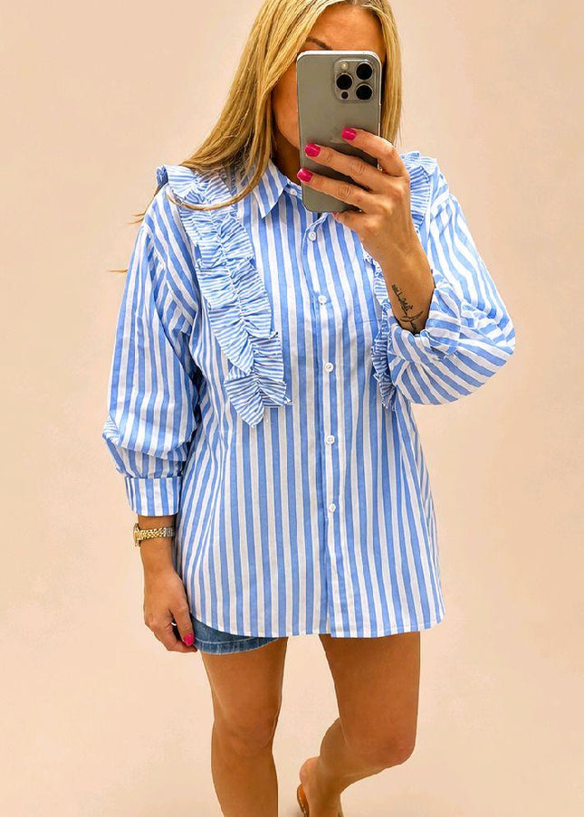 Blue Or Pink White Striped Shirt With Ruffle Trim