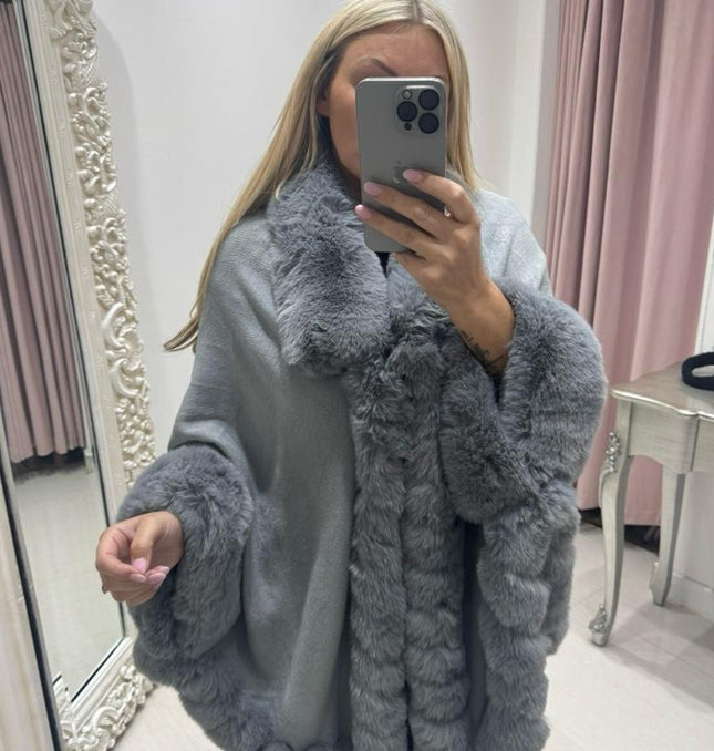 Holly Luxury Faux Fur Collared Cape ~ Dove Grey