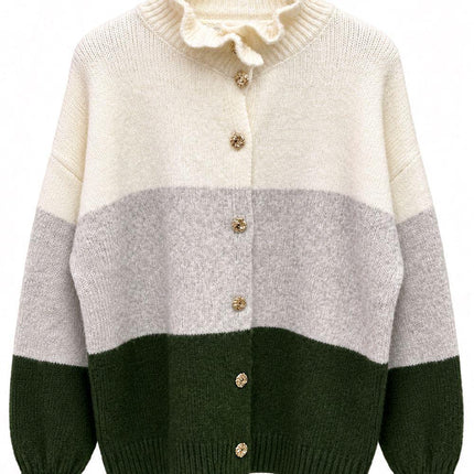 Soft Knit Frill Neck Cardigan With Contrasting Panels