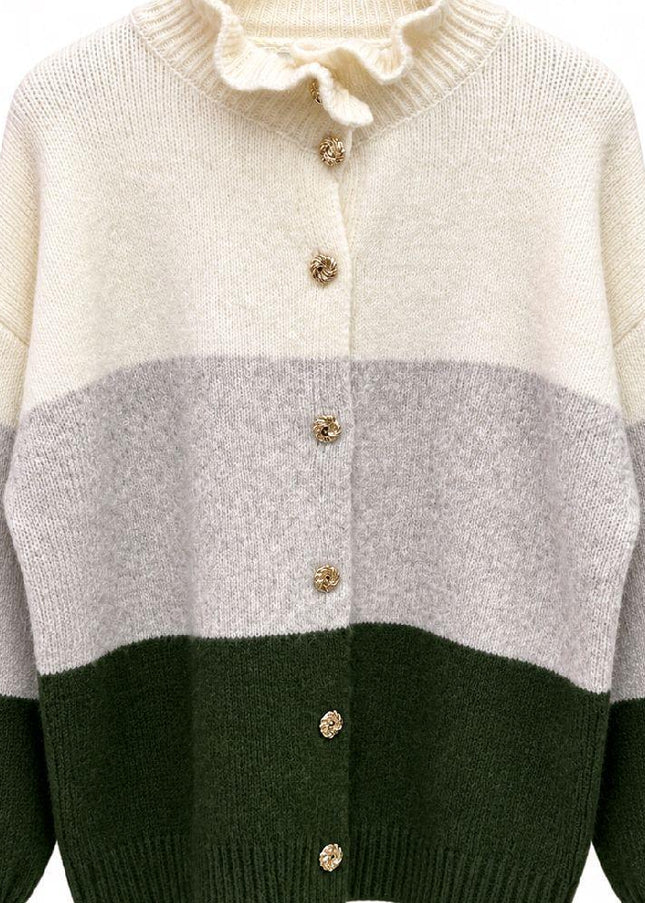 Soft Knit Frill Neck Cardigan With Contrasting Panels