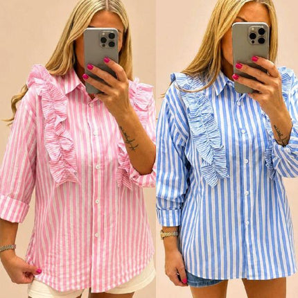 Blue Or Pink White Striped Shirt With Ruffle Trim