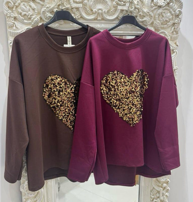 Edie ~ Soft Fabric Sweatshirt With Large Sequin Heart Detail