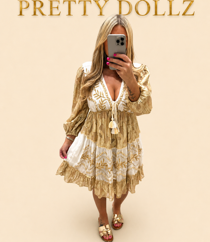 Indiana ~ Gold Boho Silk Effect Highly Embellished Dress