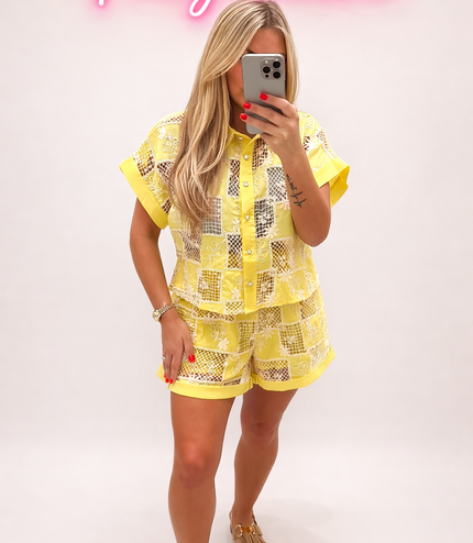 Morgan ~ Contrasting Lace Panel Top & Shorts Co-Ord Set Lemon