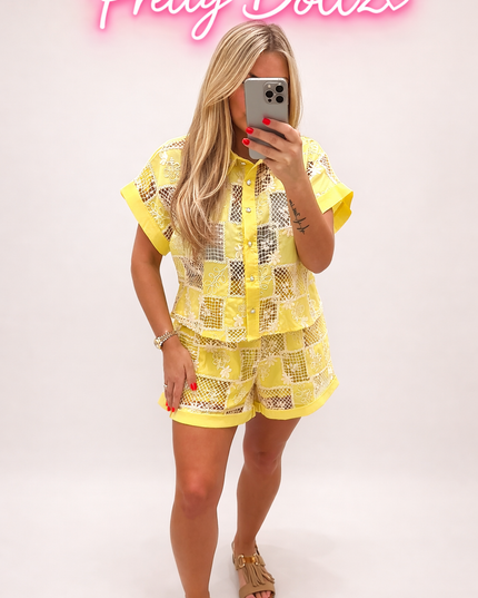 Morgan ~ Contrasting Lace Panel Top & Shorts Co-Ord Set Lemon