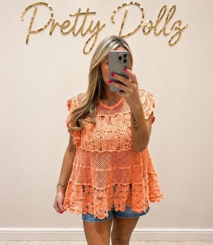 Kacie  ~ Crochet Lace Ruffle Top/Tunic ~ Coral