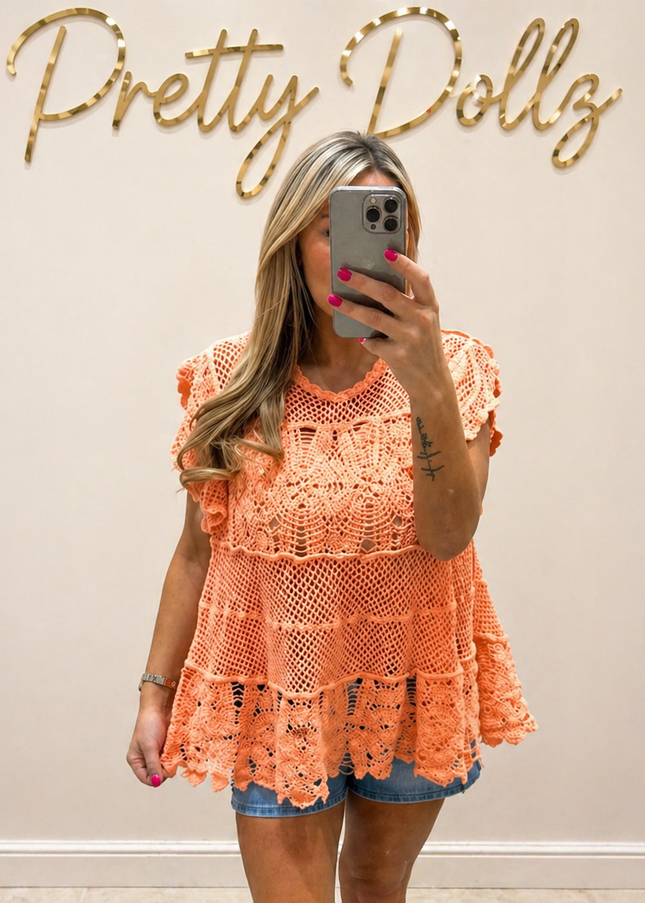Kacie  ~ Crochet Lace Ruffle Top/Tunic ~ Coral