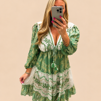 Indiana ~ Green Boho Embellished Dress