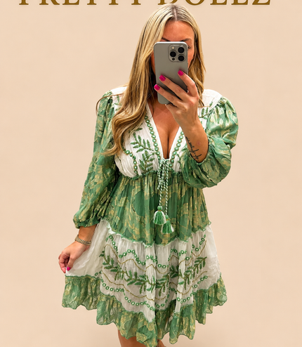 Indiana ~ Green Boho Silk Effect Highly Embellished Dress