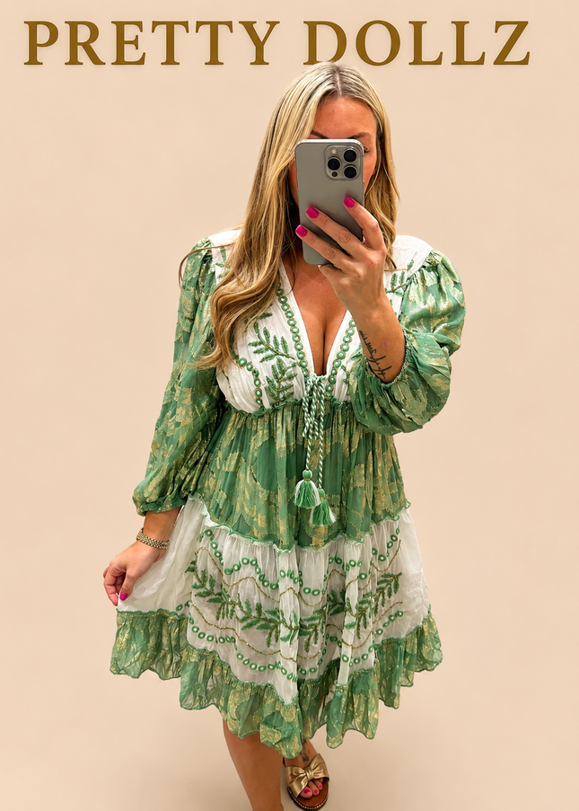 Indiana ~ Green Boho Embellished Dress
