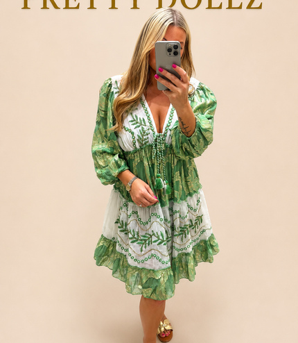 Indiana ~ Green Boho Silk Effect Highly Embellished Dress