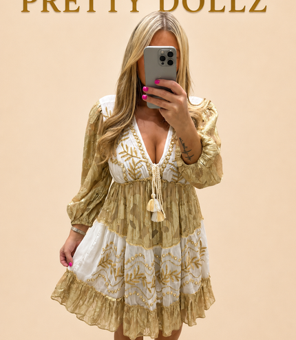 Indiana ~ Gold Boho Silk Effect Highly Embellished Dress