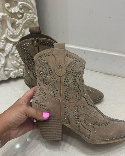 Georgia ~ Taupe Western Heeled Ankle Boots