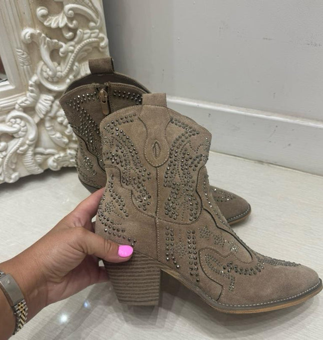 Georgia ~ Taupe Western Heeled Ankle Boots