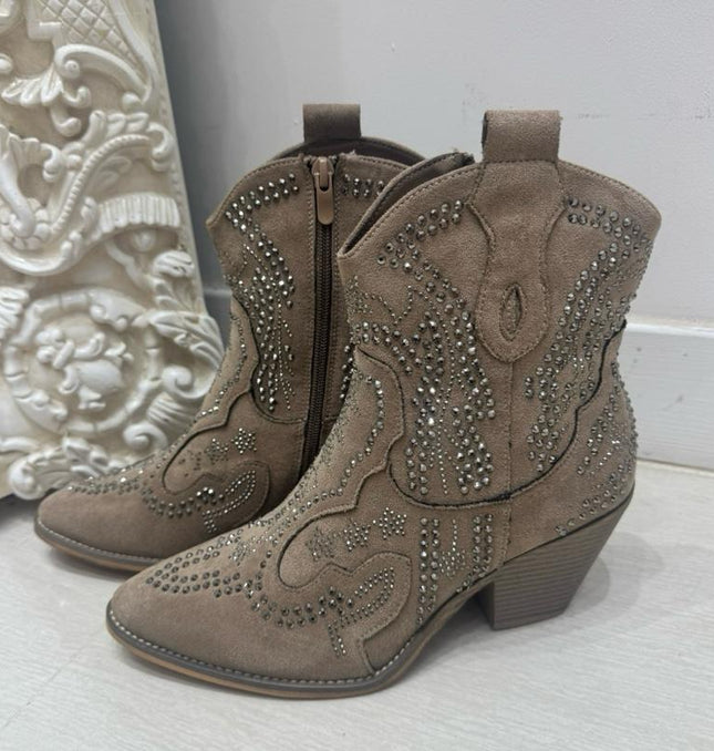 Georgia ~ Taupe Western Heeled Ankle Boots