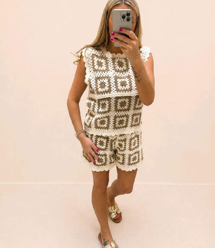 Katy ~ Cream & Taupe Crochet Lace Top & Matching Shorts