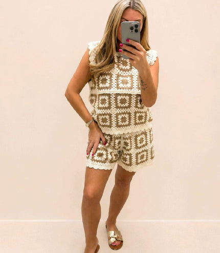 Katy ~ Cream & Taupe Crochet Lace Top & Matching Shorts