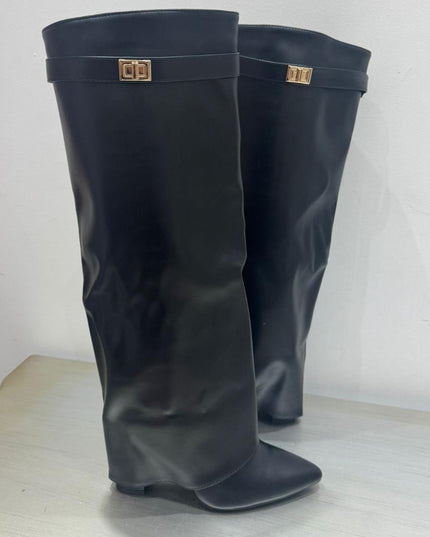 Nikita ~ PU Leather Lock Detail  Knee High Boots ~ Black