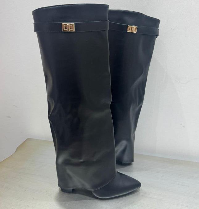 Nikita ~ PU Leather Lock Detail  Knee High Boots ~ Black