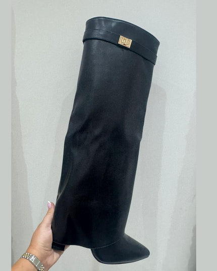 Nikita ~ PU Leather Lock Detail  Knee High Boots ~ Black