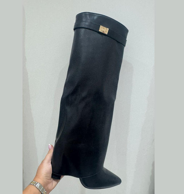 Nikita ~ PU Leather Lock Detail  Knee High Boots ~ Black