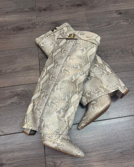 White & Gold Snakeskin Knee High Lock Boots