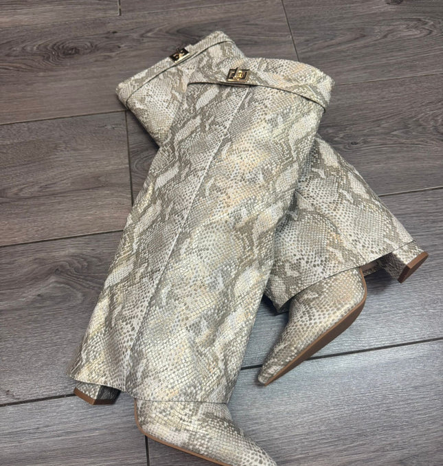 White & Gold Snakeskin Knee High Lock Boots