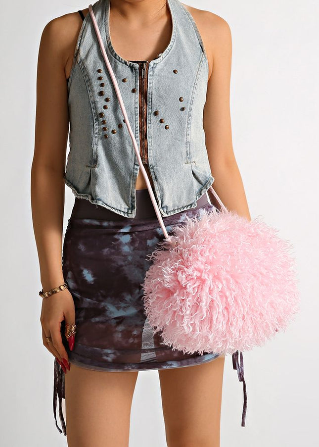 Powder Puff Pink Fluffy Faux Fur Hand Bag