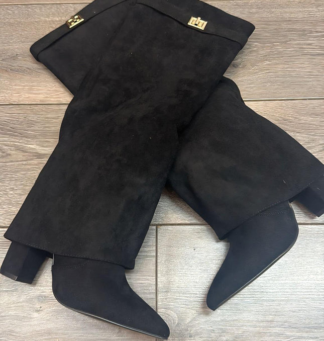 Petra ~ Faux Suede Lock Detail Knee High Boots