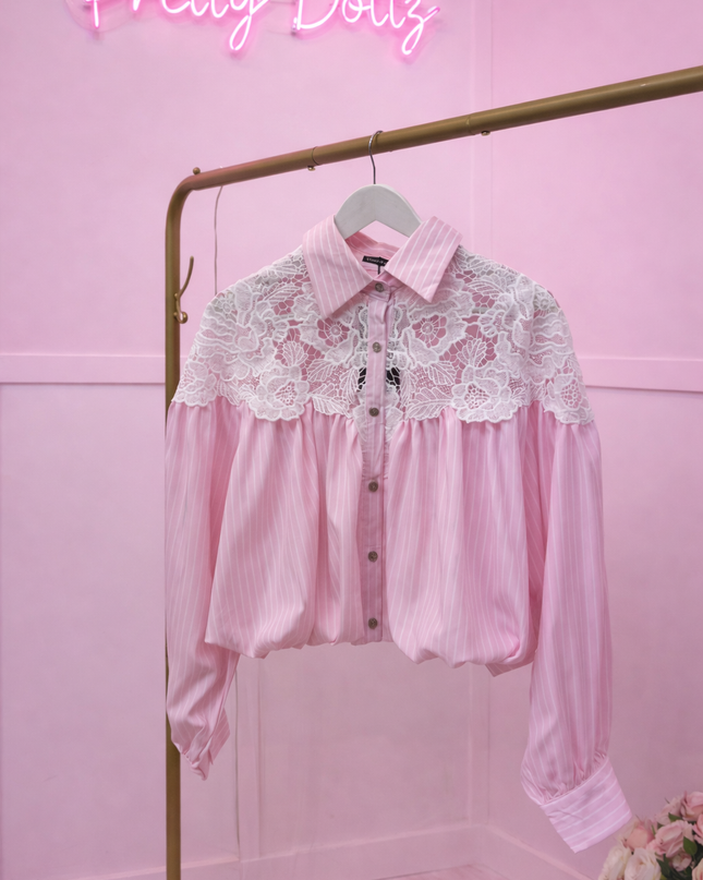 Ava ~ Striped Blouse With Lace Contrasting Panels ~ Bubble Hem ~ Pink