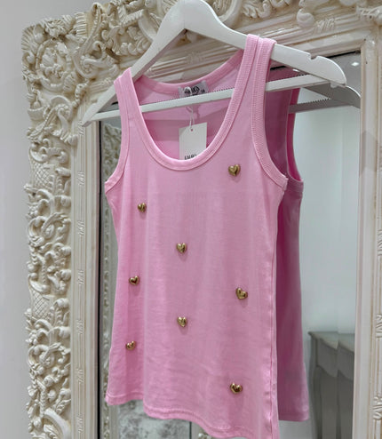 Heart To Heart ~ Ribbed Vest With Gold Heart Stud Detail