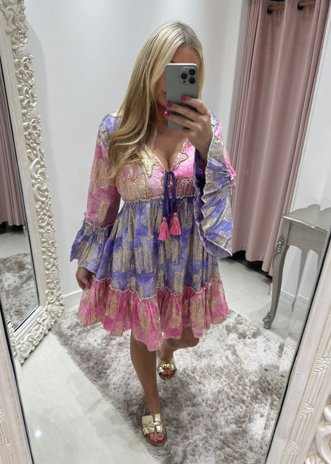 Embellished Boho Dress~ Pink/Lilac