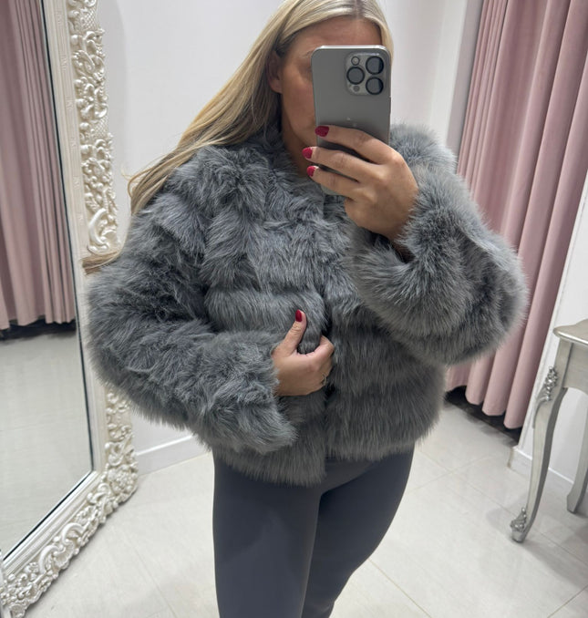 Jasmine ~ Luxury Faux Fur Panelled Jacket ~ Silver Grey