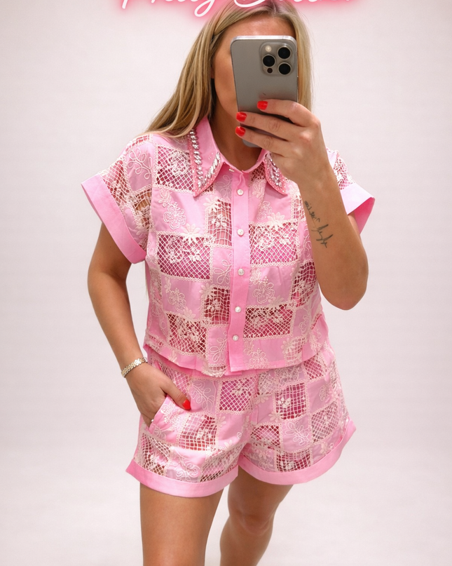 Morgan ~ Contrasting Lace Panel Top & Shorts Co-Ord Set Pink