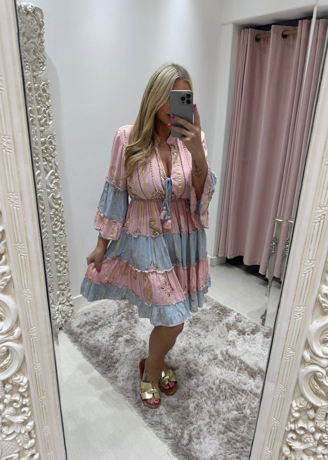 Kyra ~ Boho Embellished Short Dress Pink/Blue