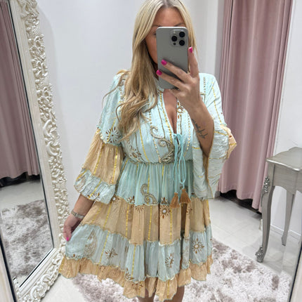 Kyra ~ Boho Embellished Short Dress Mint/Gold