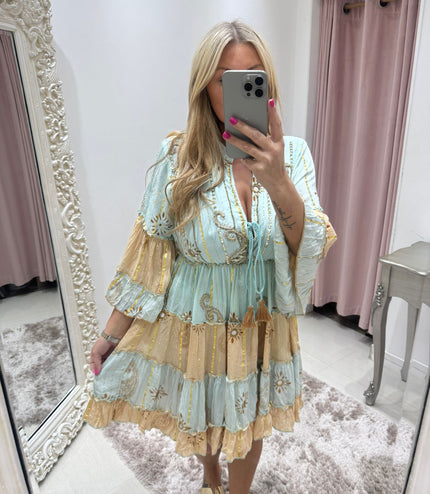 Kyra ~ Boho Embellished Short Dress Mint/Gold