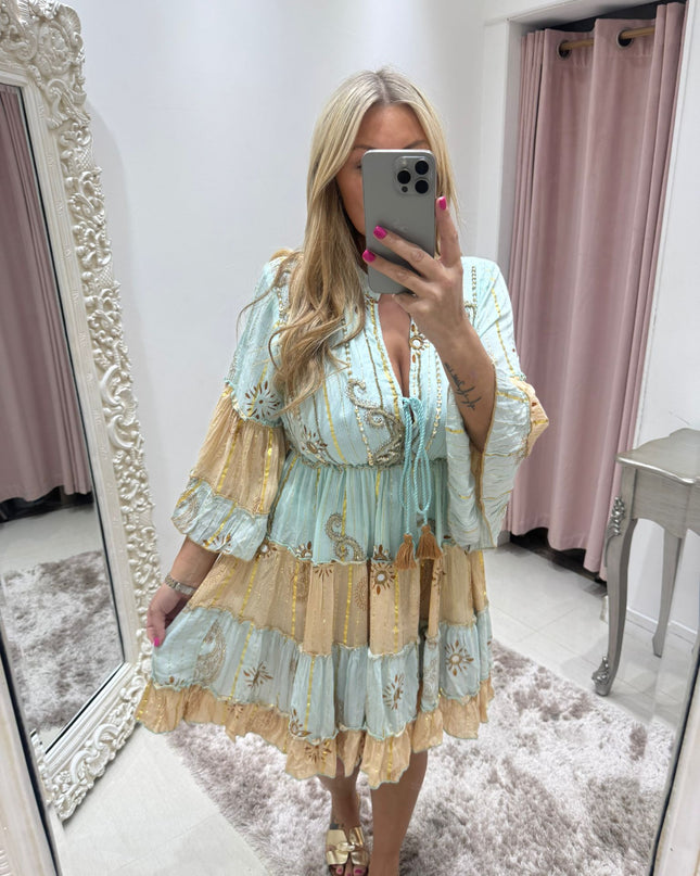 Kyra ~ Boho Silk Effect Highly Embellished Short Dress  Mint/Gold