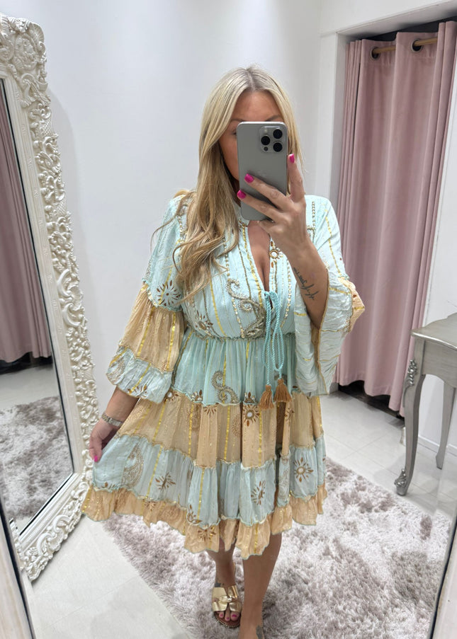 Kyra ~ Boho Embellished Short Dress Mint/Gold