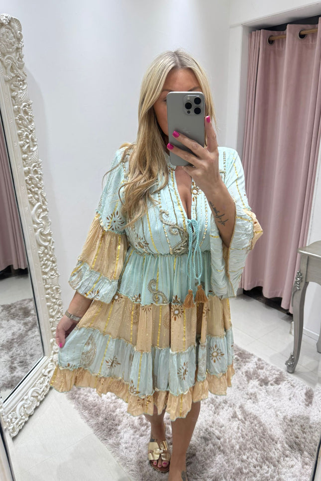 Kyra ~ Boho Embellished Short Dress Mint/Gold