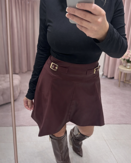 Charlotte ~  Faux Leather Skirt With Gold Buckles