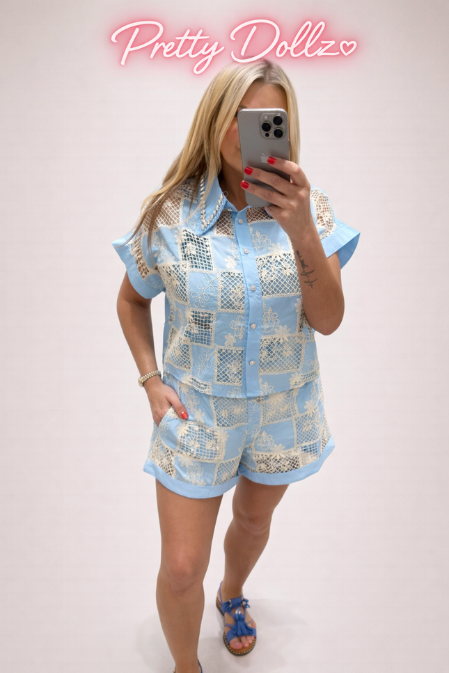 Morgan ~ Contrasting Lace Panel Top & Shorts Co-Ord Set Blue