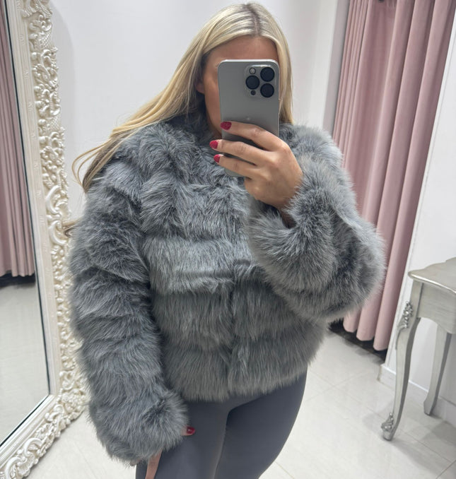 Jasmine ~ Luxury Faux Fur Panelled Jacket ~ Silver Grey