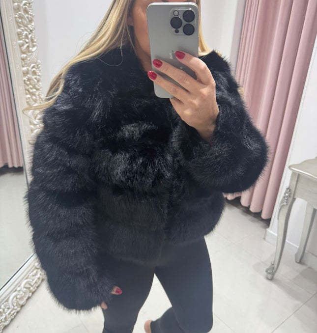 Jasmine - Luxury Faux Fur Panelled Jacket ~ Black