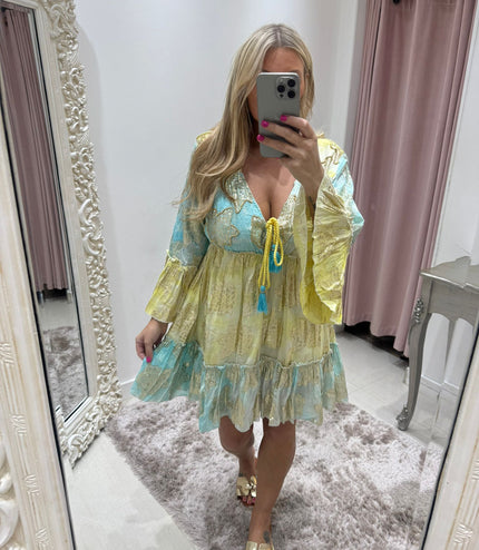 Embellished Boho Dress ~ Aqua/Lemon