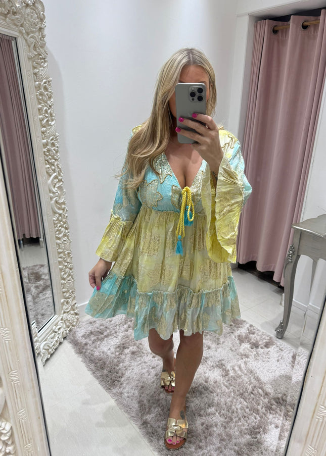 Embellished Boho Dress ~ Aqua/Lemon