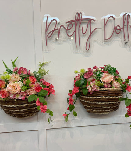 Pair of Wall Mounted Raffia Baskets Filled With Pink & Deep Pink Flowers ~ Artificial
