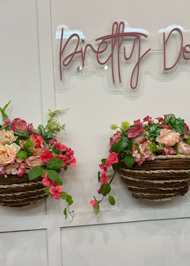 2  Wall Baskets ~  Pink Flowers