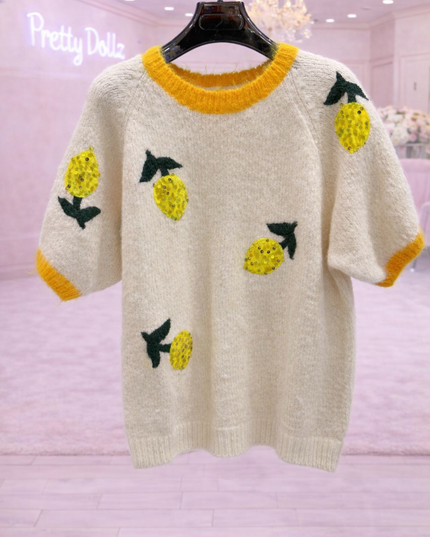 Olivia ~ Soft Knit Short Sleeve Jumper With Embellished Lemons