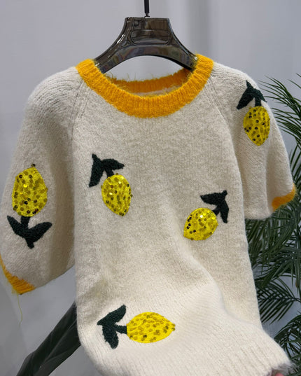 Olivia ~ Soft Knit Short Sleeve Jumper With Embellished Lemons